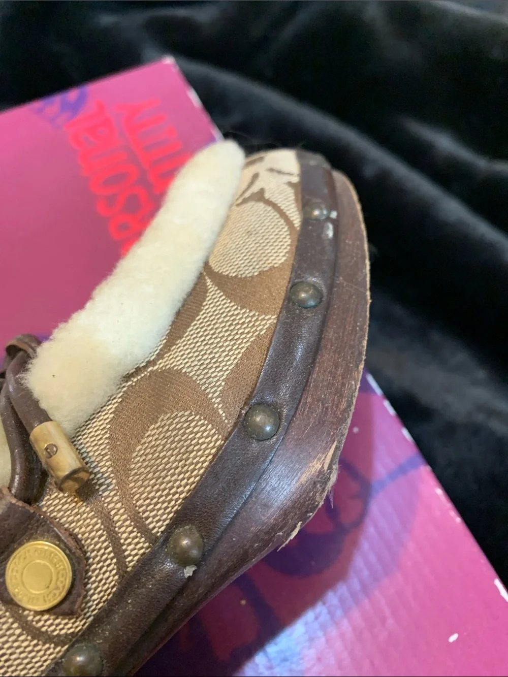 Coach Brown and Cream Signature Shearling Mule Slides